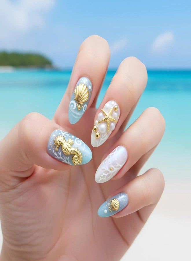 Ajcotahm Beach Nail Charms Gold Seashell 3D Nail Art Decorations with Starfish, Seahorse Alloy Rhinestones for Summer Manicure DIY Designs - Image 5